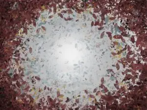 A digital painting of the sky through autumnal leaves.