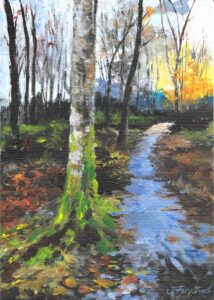 An acrylic painting of a path through a winter woodland, with green moss on the tree in the foreground.