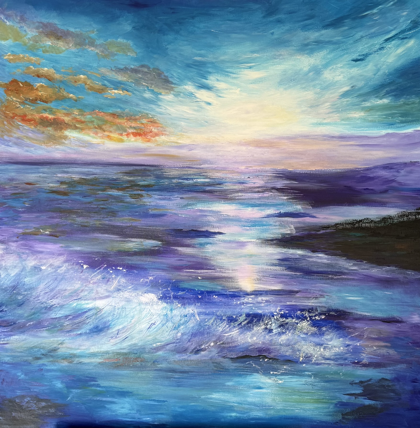 Acrylic painting of seascape in blues, purple and orange, with light in the background.
