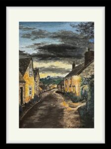 An acrylic painting of a street scene with golden light from the public house.