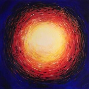 An abstract acrylic painting of a tunnel, with colours merging from blue to red to orange, yellow and white in the middle.