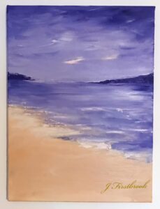 An acrylic painting with sea and sky in a lilac colour and a peach coloured beach.