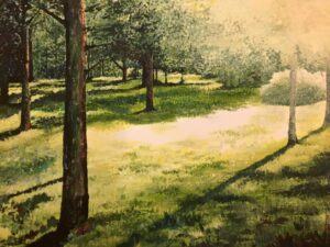 An acrylic painting of trees in a woodland with dappled sunshine and light in far right hand corner.
