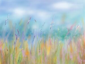 A digital painting of grasses in a meadow in pastel shades of all colours.