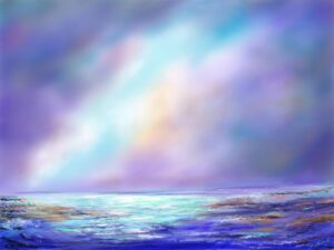 A digital painting of a seascape in blues and purples.