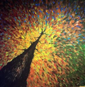 Acrylic painting of a tree in autumn, looking upwards through orange, yellow and red leaves towards the sky.