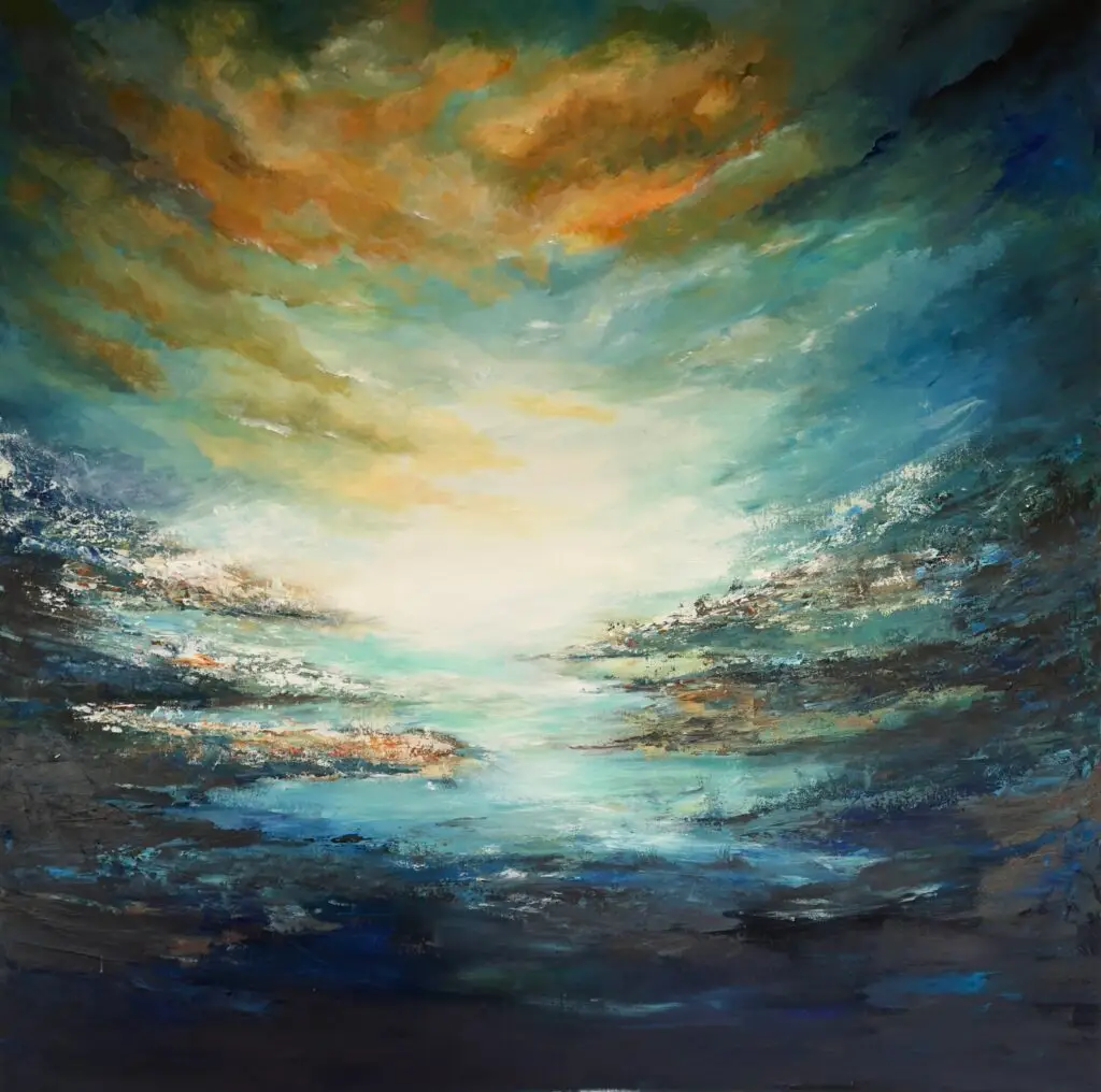 Orange and blue fantasy landscape in acrylic paint.