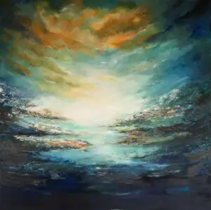 Orange and blue fantasy landscape in acrylic paint.