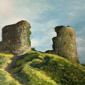 Acrylic painting of Llandovery castle in South Wales.