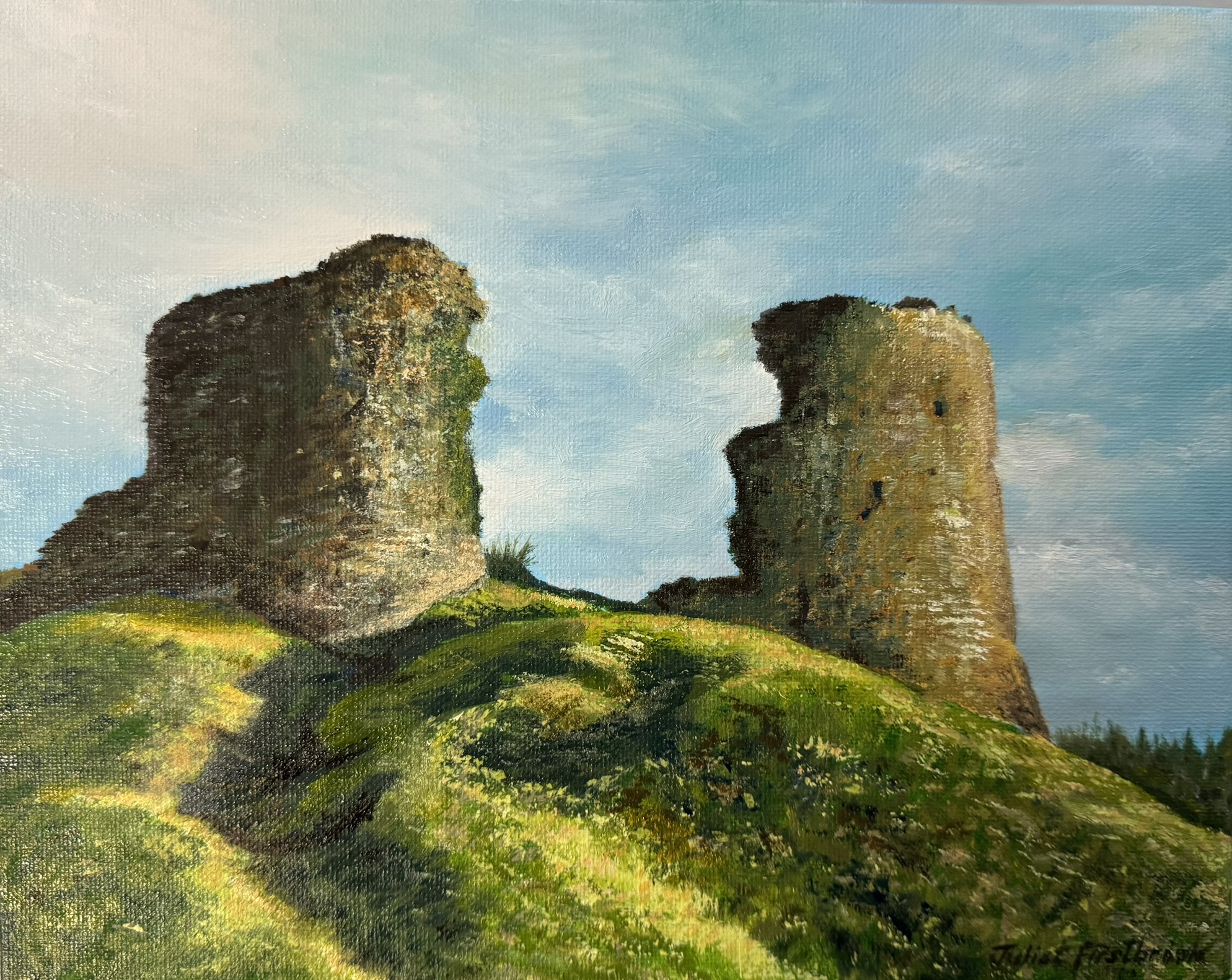 Acrylic painting of Llandovery castle in South Wales.