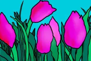 Digital painting of pink tulips with green leaves.