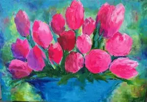 A semi abstract acrylic painting of pink tulips in a blue vase, with a blue and green background.