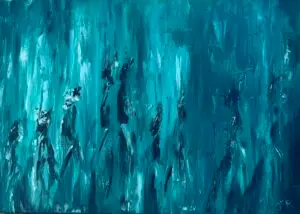 An acrylic painting showing black figures walking to the left, with a teal and white background.